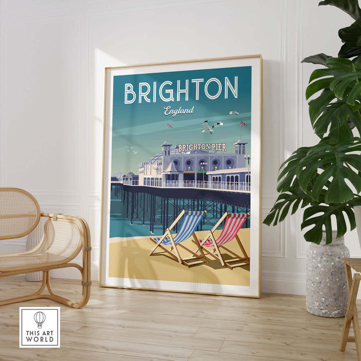 Brighton wall art print featuring the iconic Brighton Pier and colorful deck chairs in a stylish interior setting.