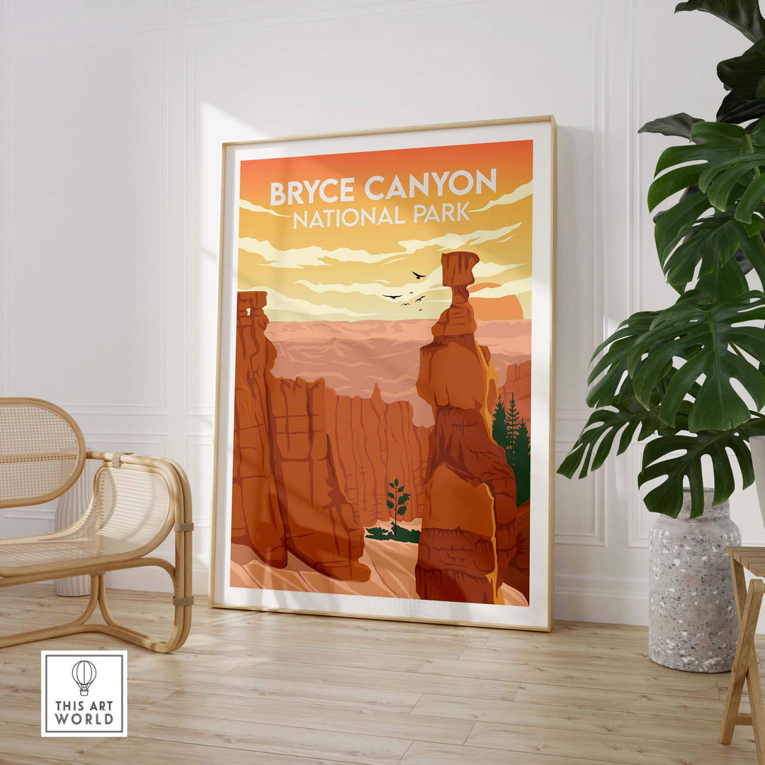 Bryce Canyon National Park poster art in a minimalist style, framed in a modern interior setting.