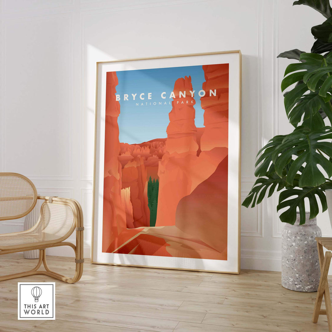 Art print of Bryce Canyon National Park featuring vibrant colors and vintage style, perfect for home or office decor.