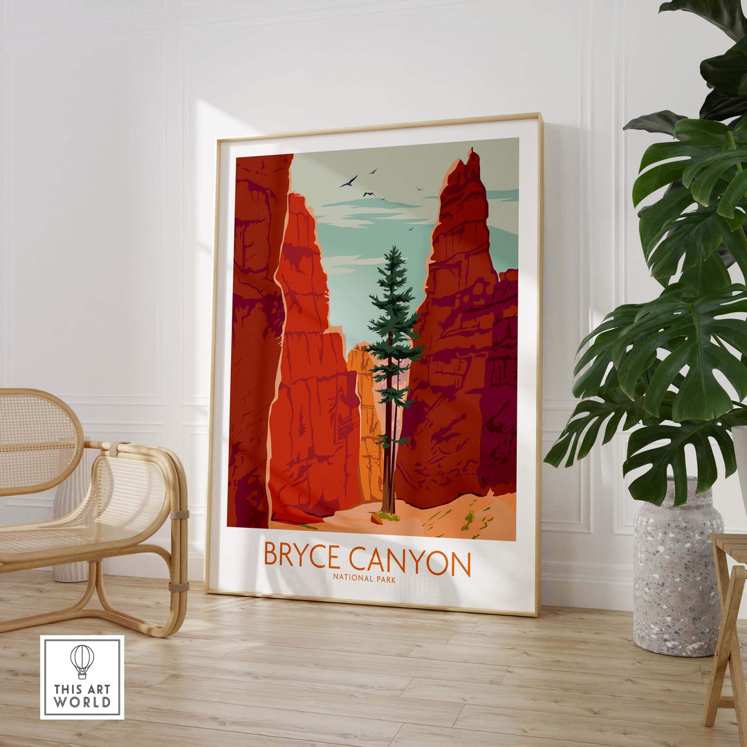 Bryce Canyon National Park poster print featuring a vintage-inspired landscape and tree decor.