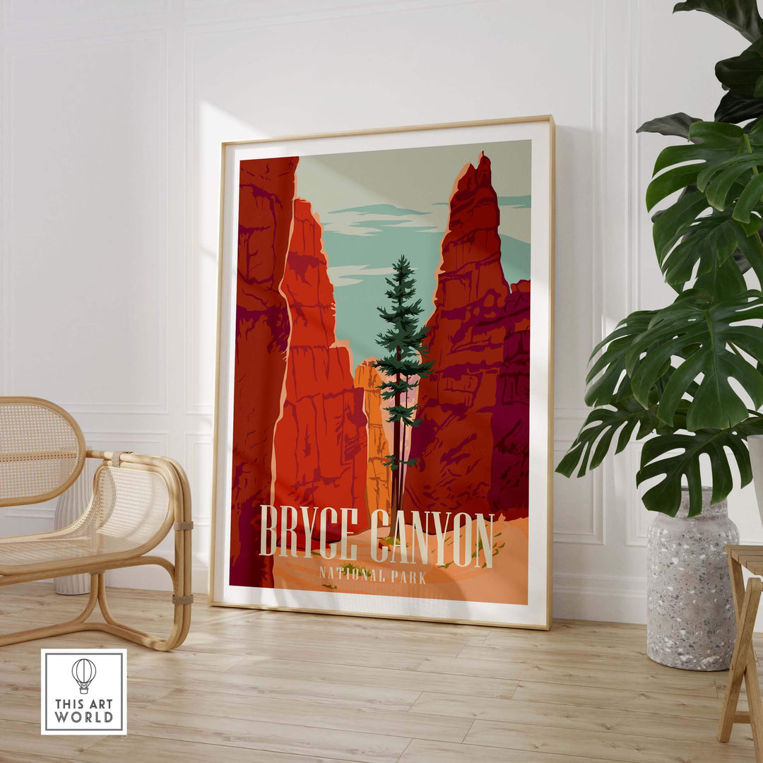 Vintage-style Bryce Canyon National Park print framed, showcasing red rock formations and greenery in stylish home decor.