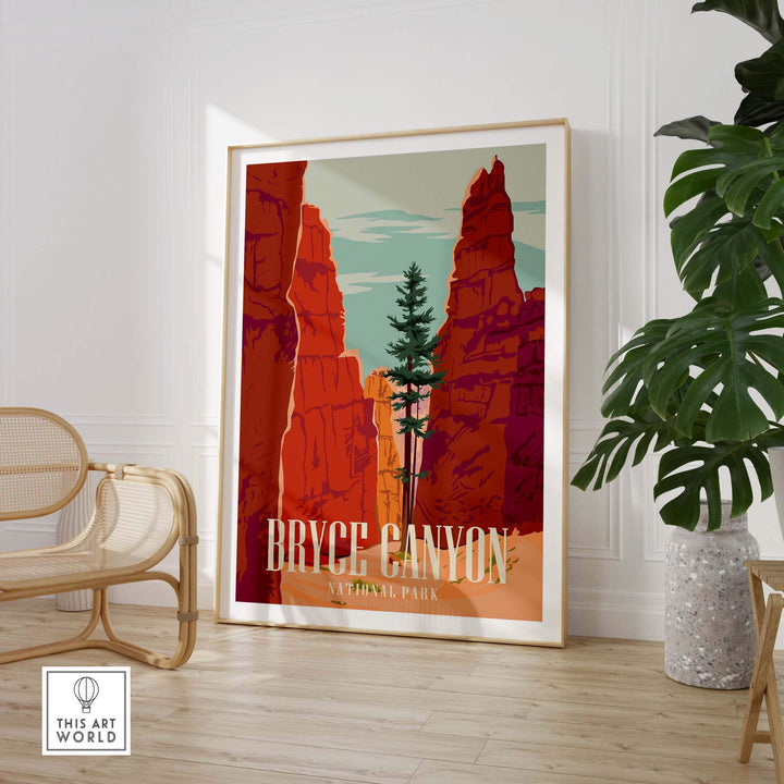 Vintage-style Bryce Canyon National Park print framed, showcasing red rock formations and greenery in stylish home decor.