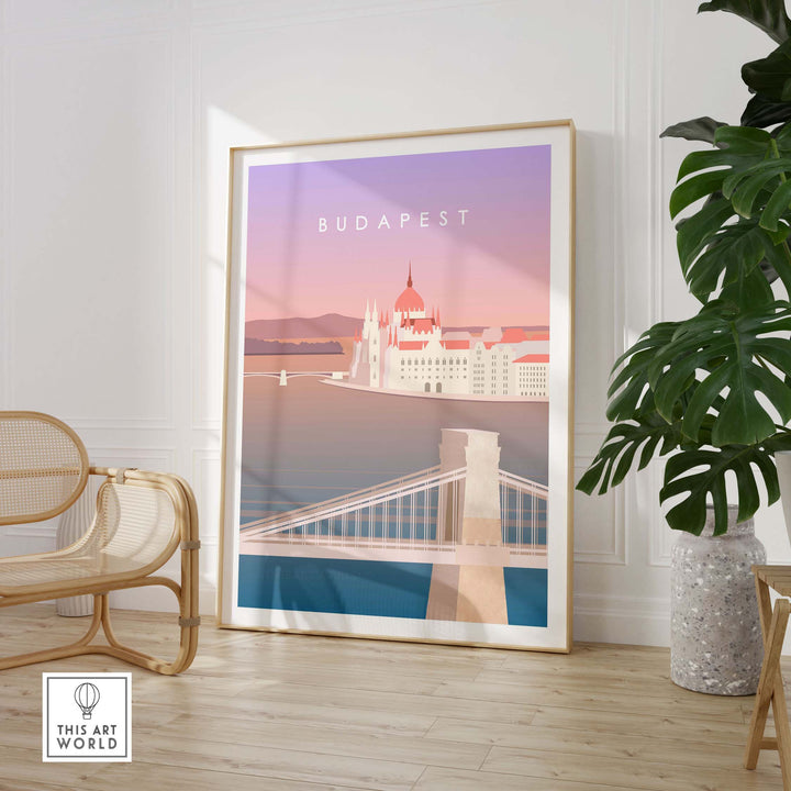 Stylish Budapest print wall art poster showcasing the Danube River and iconic architecture in a modern interior setting.