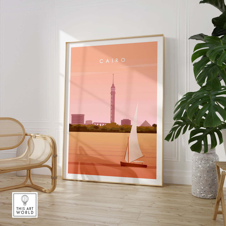 Cairo Print Wall Art Poster featuring a sailboat and city skyline in warm tones, perfect for home decor.