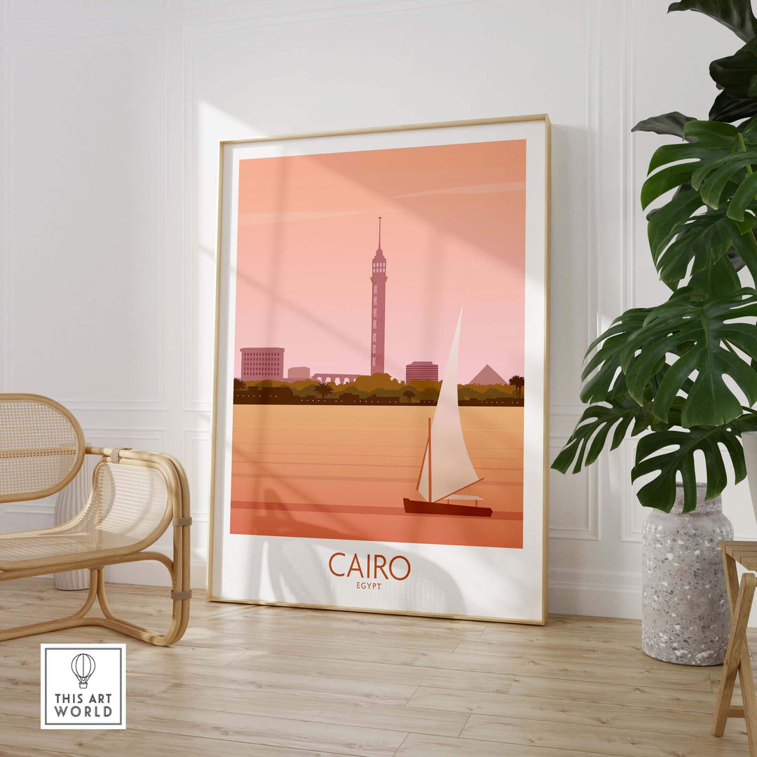 Cairo travel poster print featuring the Nile River and iconic tower, framed art for home or office decor.
