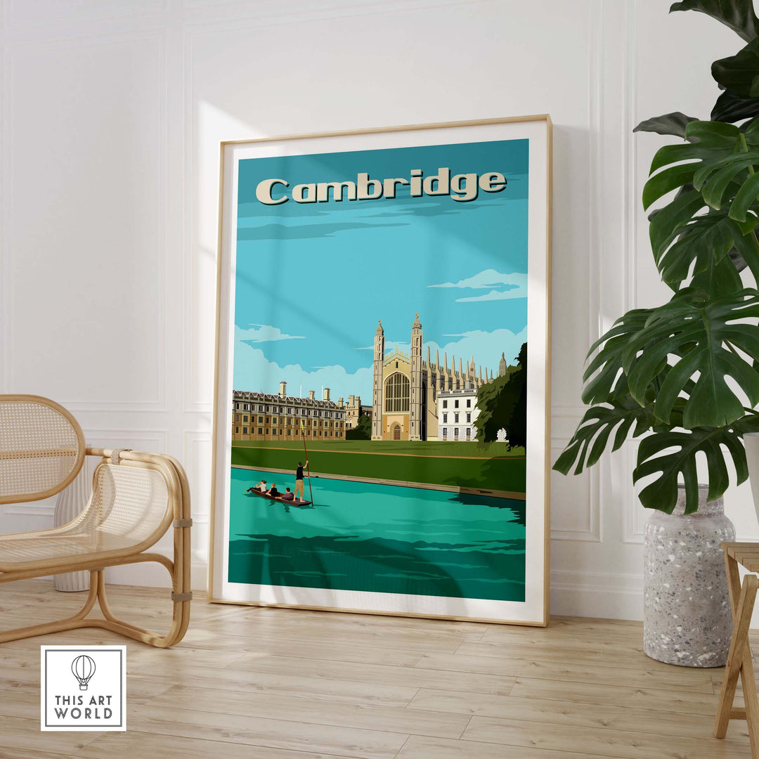 Vintage Cambridge poster print featuring King's College and scenic river view, framed artwork for stylish home decor.