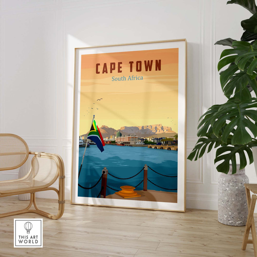 Cape Town travel poster print featuring South Africa's landscape in a stylish frame, showcasing a minimalist design.