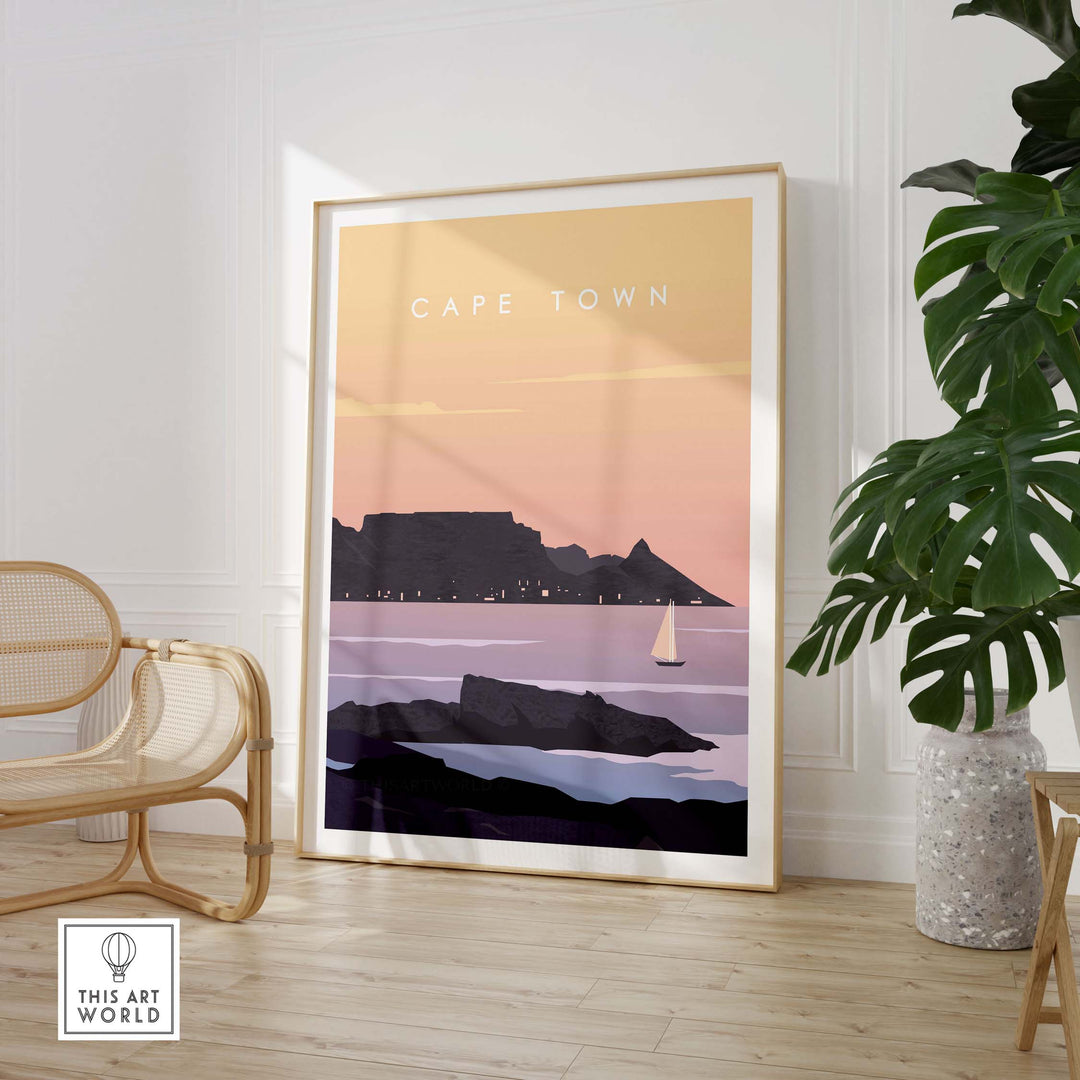 Cape Town wall art poster featuring table mountain and sailboat in a stylish interior setting.