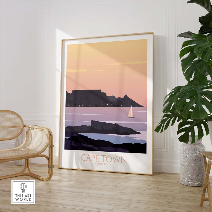 Cape Town poster print featuring Table Mountain at sunset, perfect for travel art lovers.
