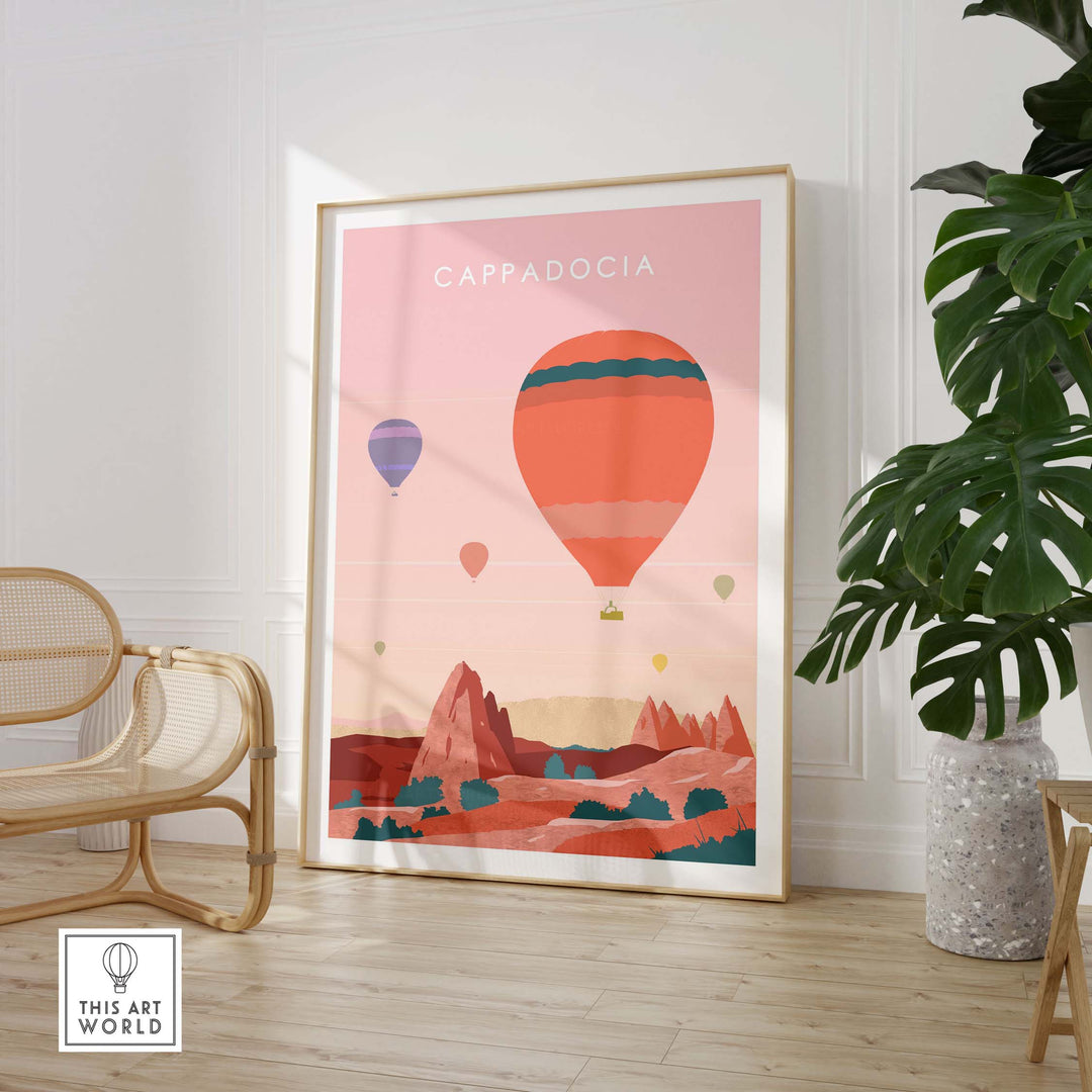 Cappadocia Print Wall Art Poster featuring colorful hot air balloons and unique rock formations in a stylish framed design.