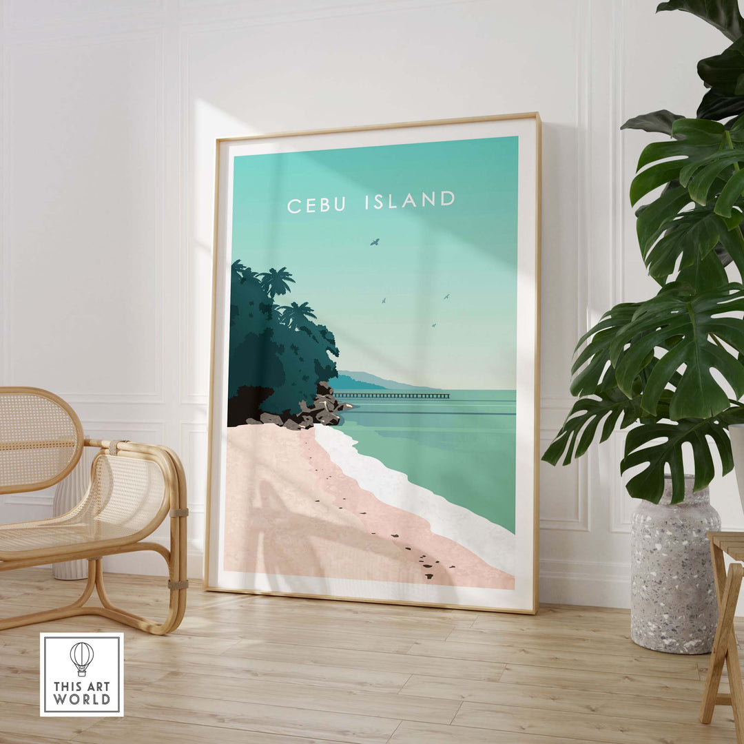 Cebu Island Philippines print poster, vintage travel art displayed in a modern interior setting.