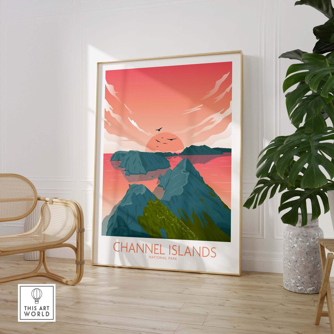 Channel Islands National Park poster featuring minimalist art with sunset and mountains in a stylish home setting.