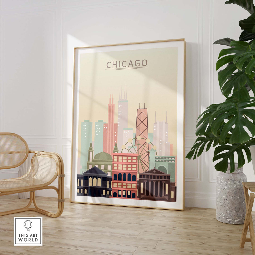Chicago skyline wall art poster featuring iconic buildings in warm pastel tones, showcasing the city's architectural beauty.