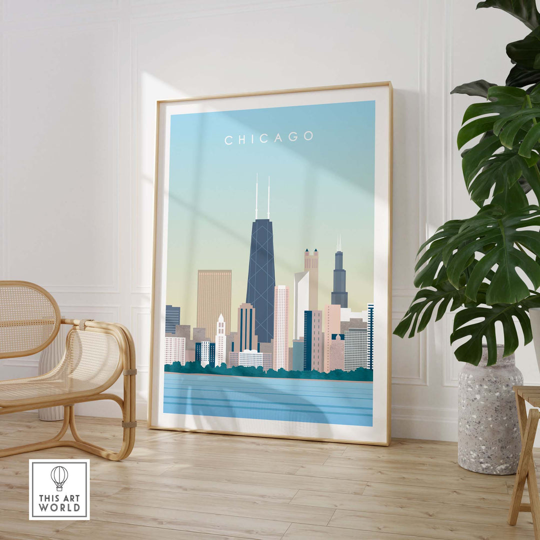 Chicago Print Wall Art Poster featuring a colorful skyline and vintage design, perfect for home or office decor.