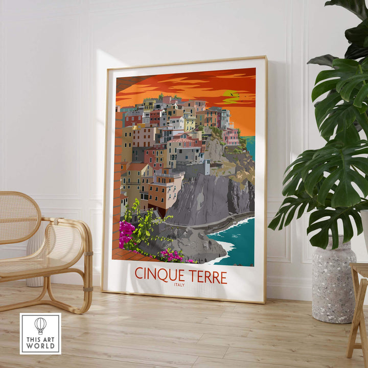 Vintage-inspired Cinque Terre Print in a stylish frame, showcasing colorful coastal buildings and vibrant sunset.