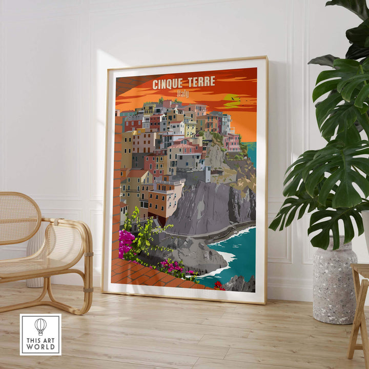 Cinque Terre Italy poster print wall art featuring colorful coastal village scenery in a stylish framed display.