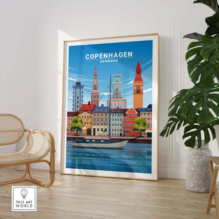 Copenhagen Print featuring colorful buildings and a sailboat, displayed in a stylish interior setting.