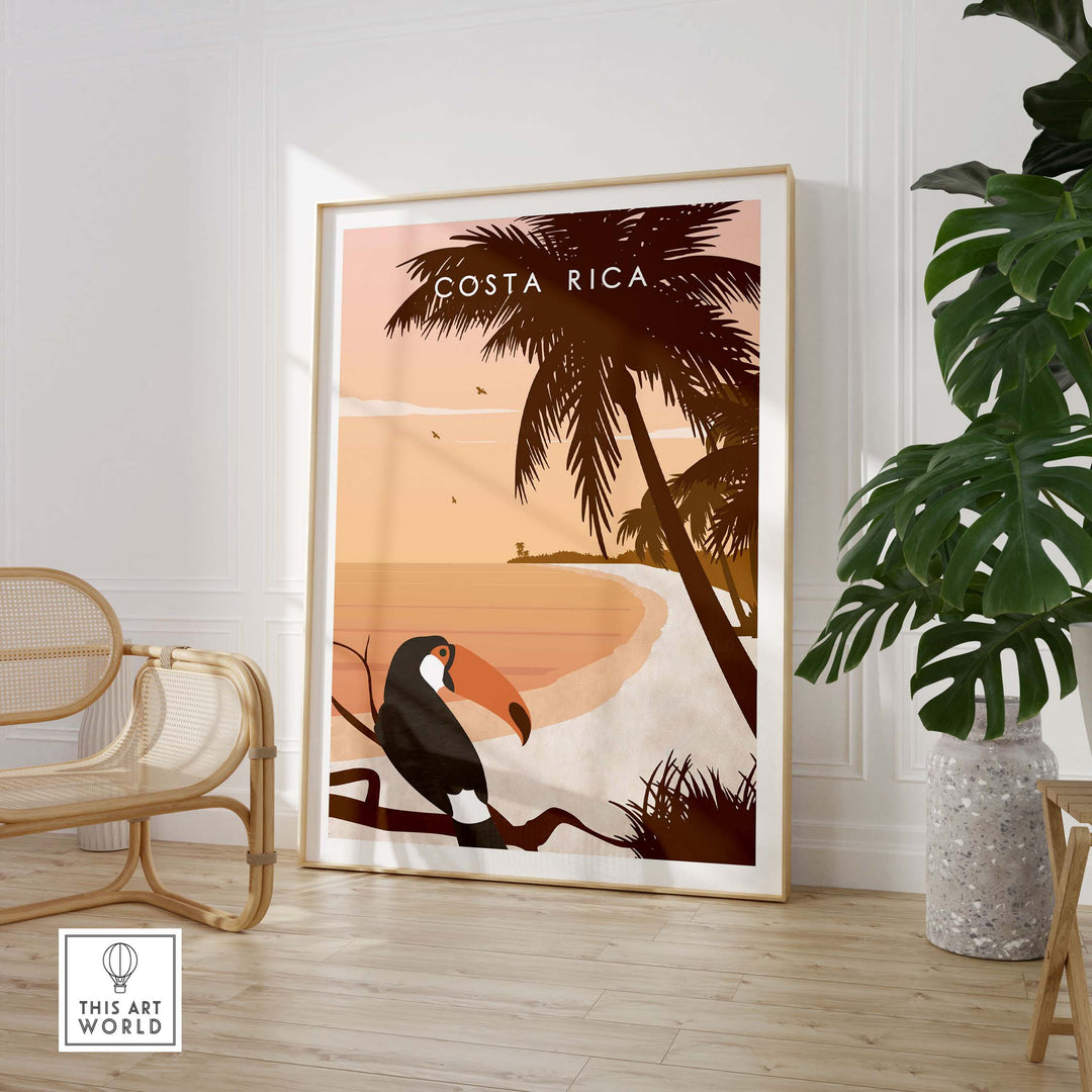 Costa Rica vintage travel poster featuring a toucan and palm trees, displayed in a modern interior setting.
