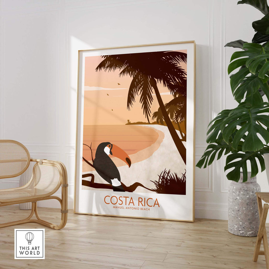 Costa Rica print poster featuring a tropical beach and toucan, modern vintage art in stylish home decor setting.