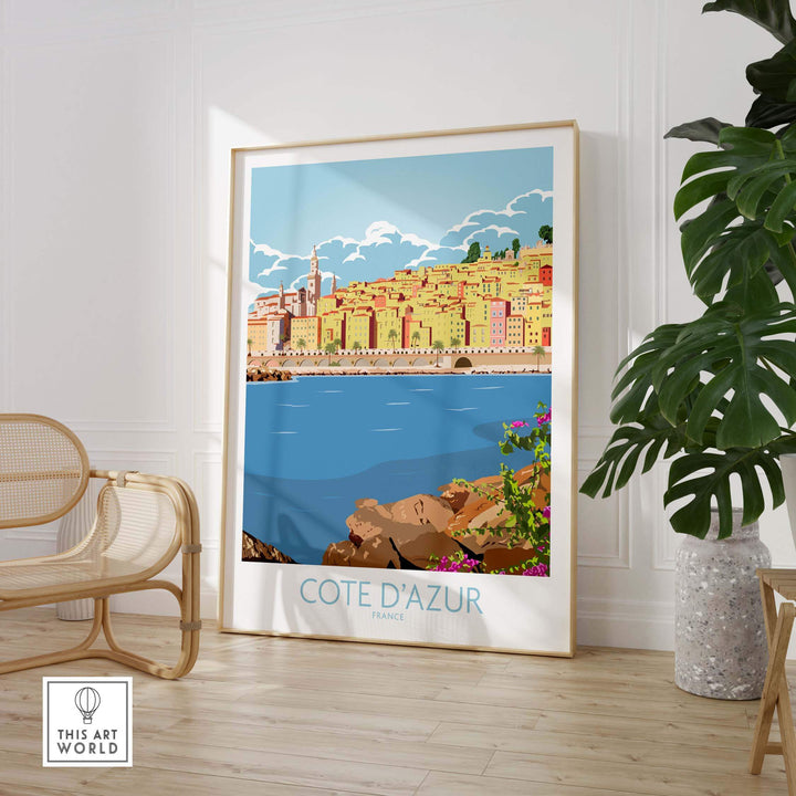 Cote d'Azur print poster showcasing a scenic coastal view, framed and styled for home decor.