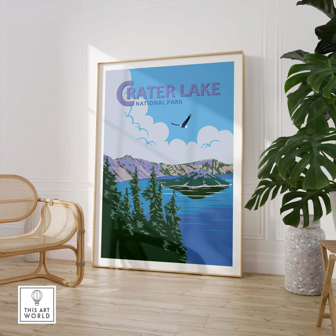 Framed Crater Lake National Park Print showcasing vintage artwork in a stylish indoor setting with greenery.
