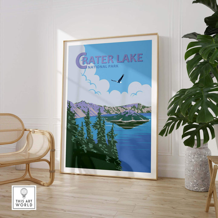 Framed Crater Lake National Park Print showcasing vintage artwork in a stylish indoor setting with greenery.