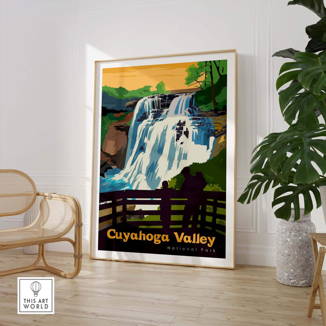 Cuyahoga Valley National Park poster featuring a scenic waterfall and nature-inspired design, perfect for home decor.