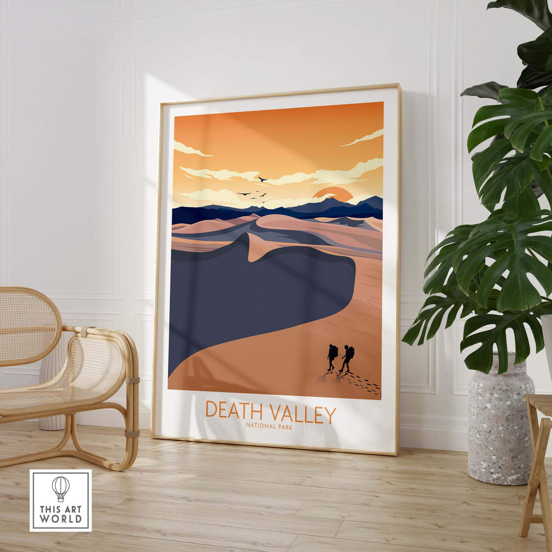 Stylish Death Valley National Park poster art print in a modern interior setting, showcasing desert landscapes and outdoor adventure.
