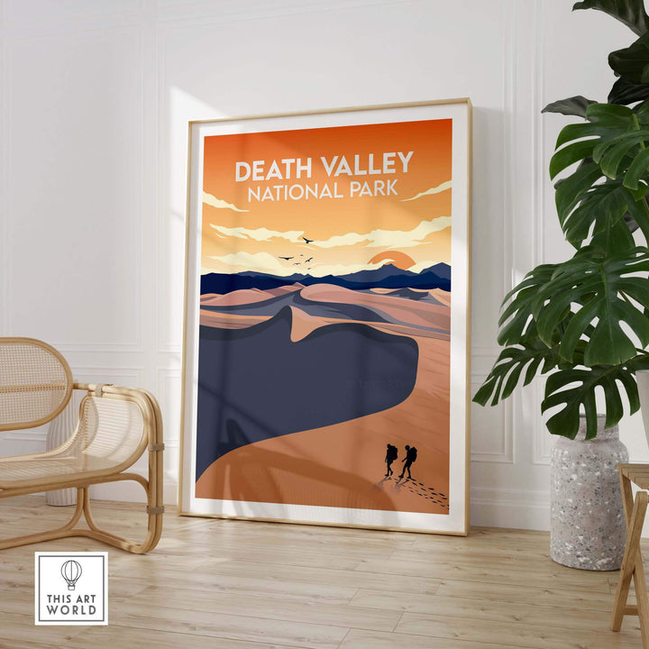 Death Valley National Park poster in minimalist style, showcasing desert landscape and hikers. Perfect for home or office decor.