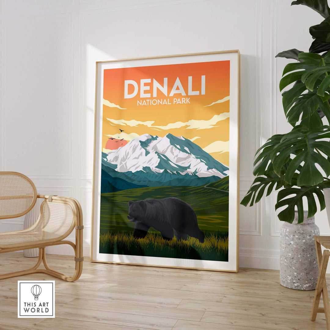 Denali National Park poster featuring a bear and mountains, perfect for travel and nature lovers.