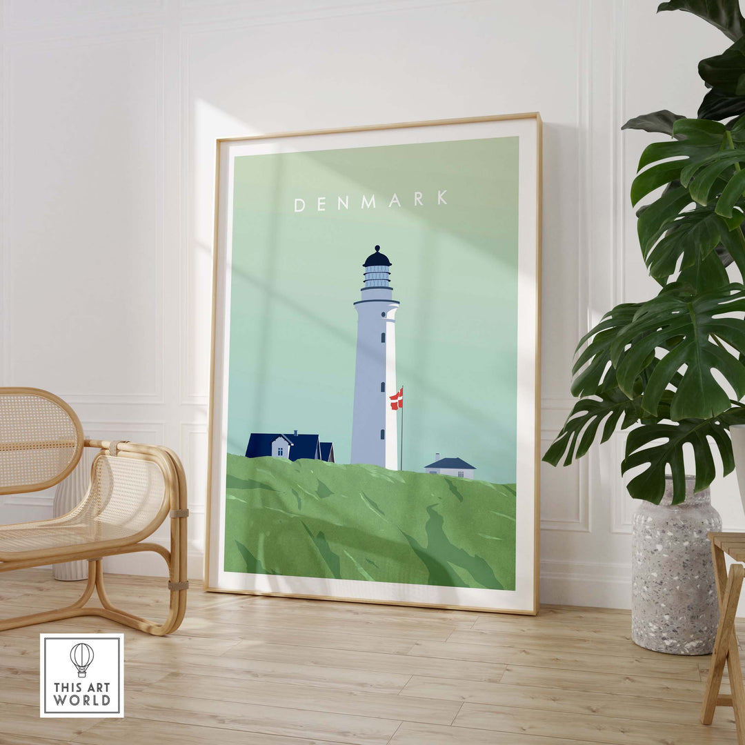 Denmark Print Wall Art Poster featuring a lighthouse, inspired by vintage travel art, framed in a stylish living room.
