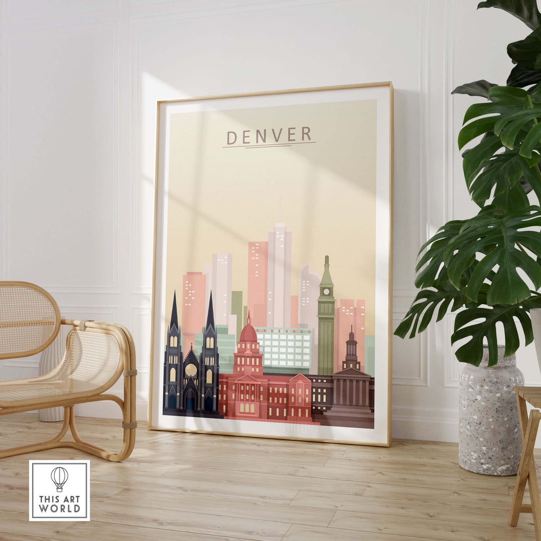 Denver Skyline Print in pastel tones showcasing iconic buildings for stylish home or office decor.