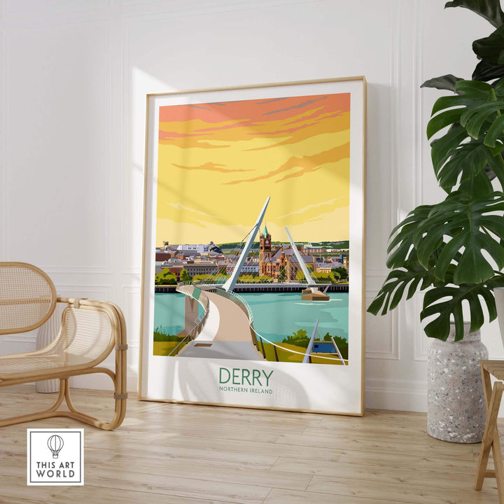 Derry Northern Ireland poster showcasing the Peace Bridge, vibrant yellow sunset and stylish wall art for home decor.
