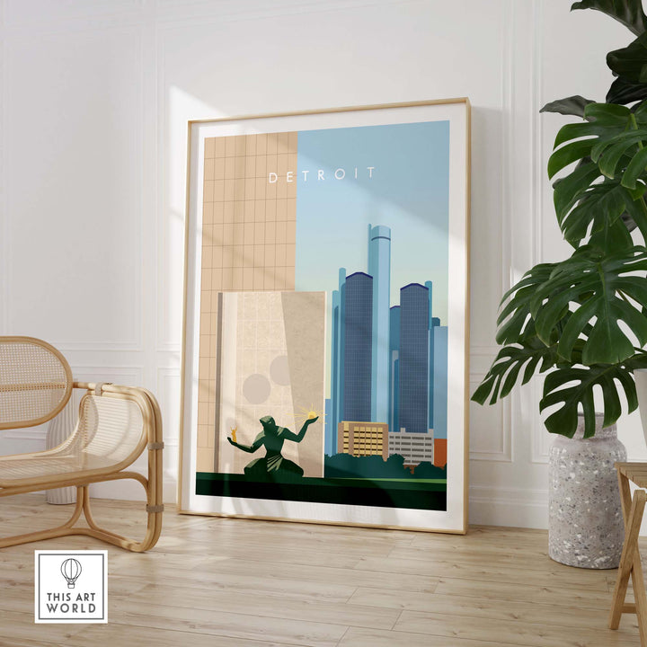Detroit Travel Poster Print featuring minimalist design and vibrant colors, perfect for home or office decor.