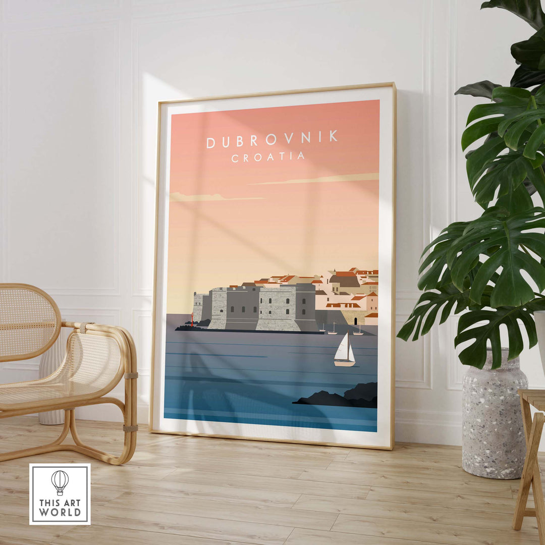 Dubrovnik Print Wall Art Poster featuring vintage-inspired travel design, framed artwork in a stylish interior.