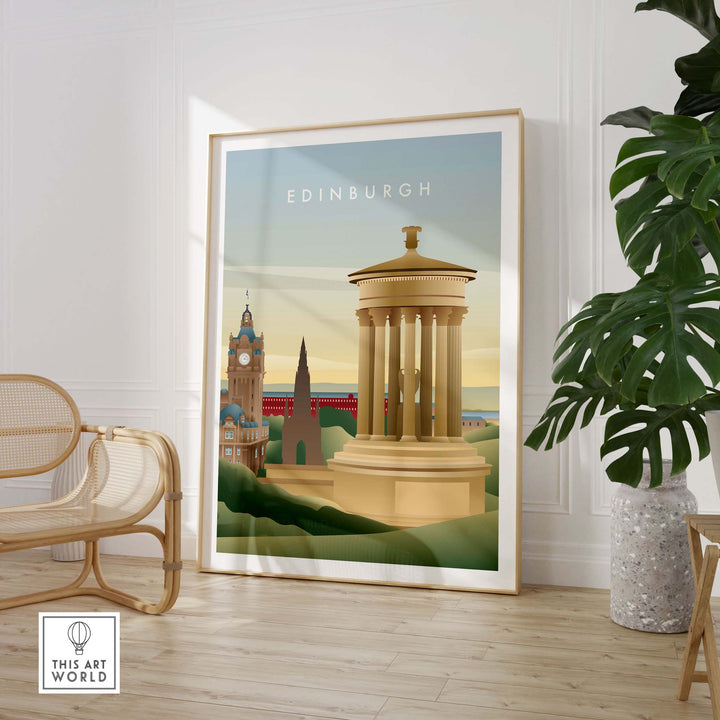 Edinburgh wall art poster featuring historic architecture in a stylish interior setting.