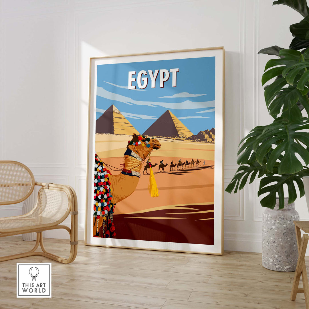 Egypt Wall Art Print featuring a camel and pyramids, vintage travel poster style for home decor.