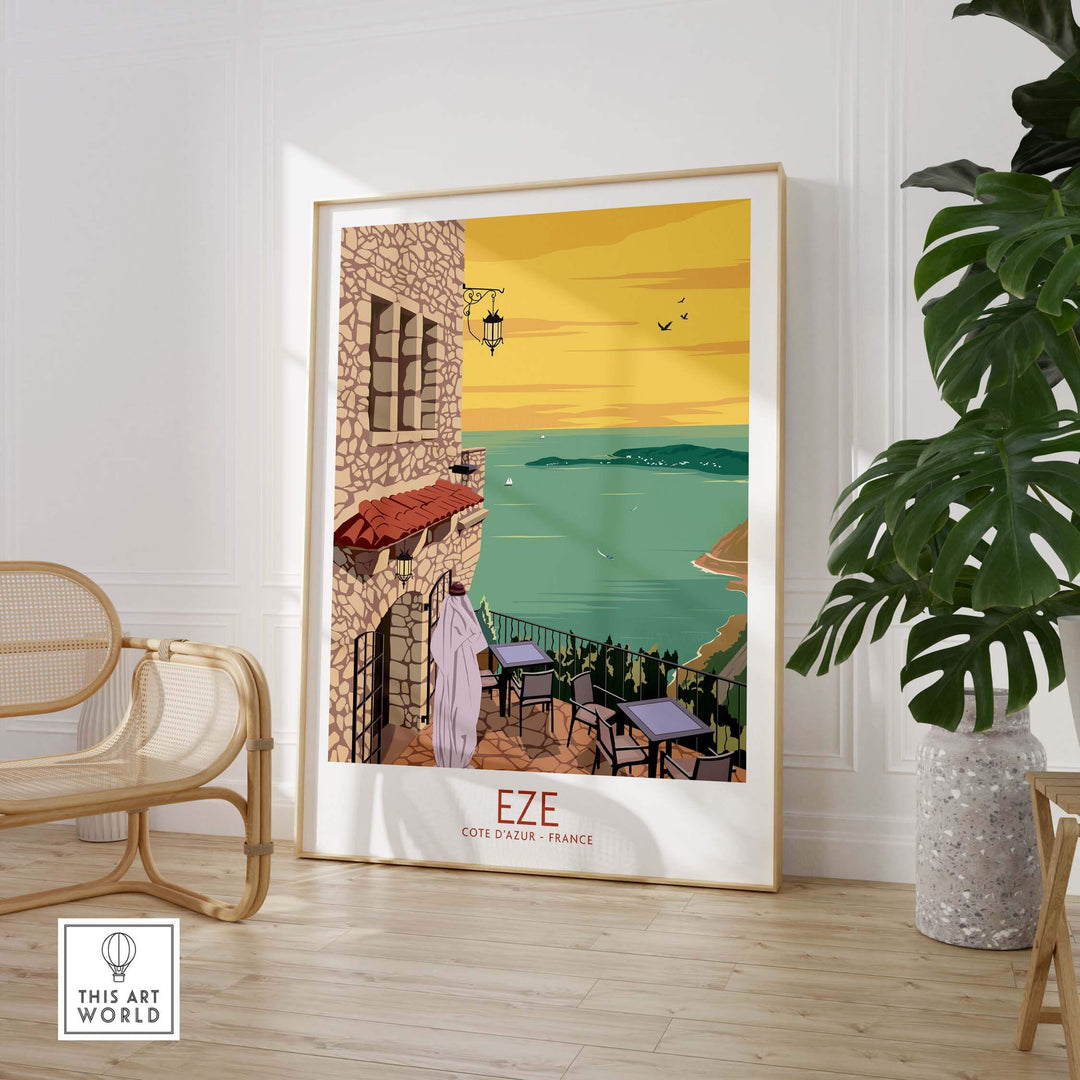 Eze Print France Travel Poster showcasing a beautiful coastal view of Eze Village, perfect for home or office decor.