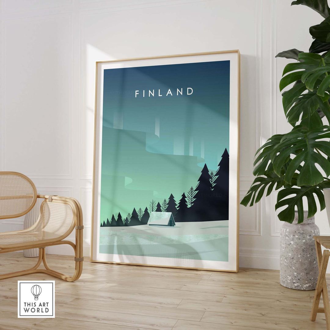 Finland print wall art poster showcasing Northern Lights design in a modern living space with plants.