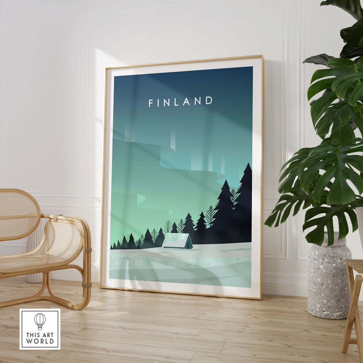 Finland print wall art poster showcasing Northern Lights design in a modern living space with plants.