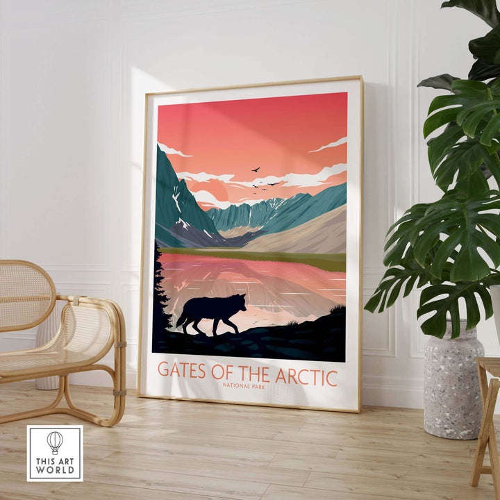 Gates of the Arctic National Park art print featuring a serene landscape and silhouette of a bear.