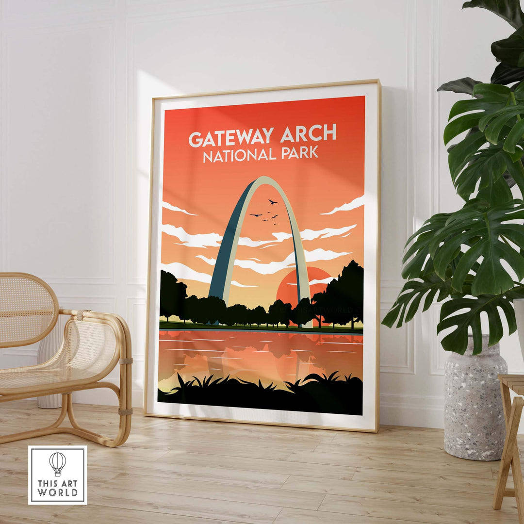 Gateway Arch National Park print showcasing vintage travel art, framed in a stylish interior setting.