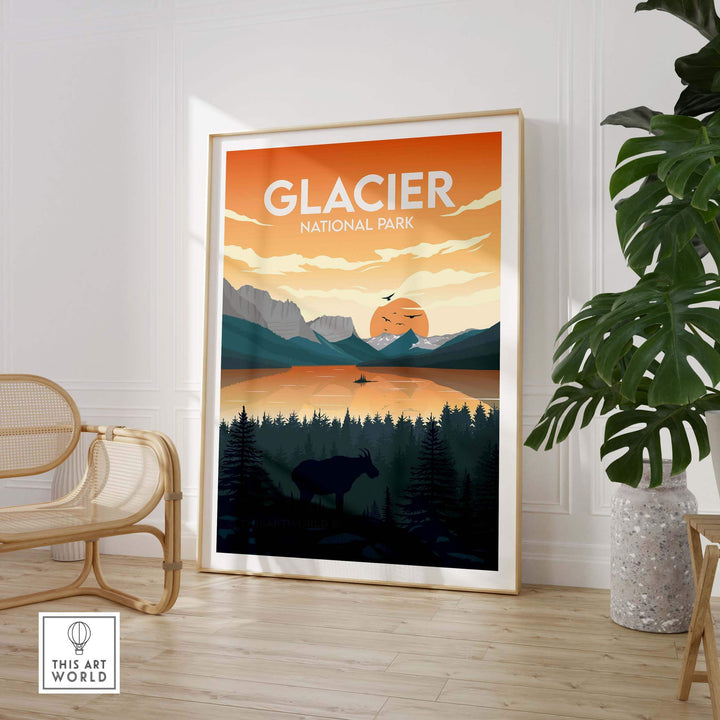 Glacier National Park poster featuring a sunset landscape with mountains and a moose in a stylish frame.