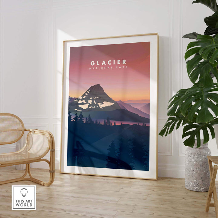 Framed Glacier National Park art print featuring a mountain scene and sunset colors, ideal for home decor.