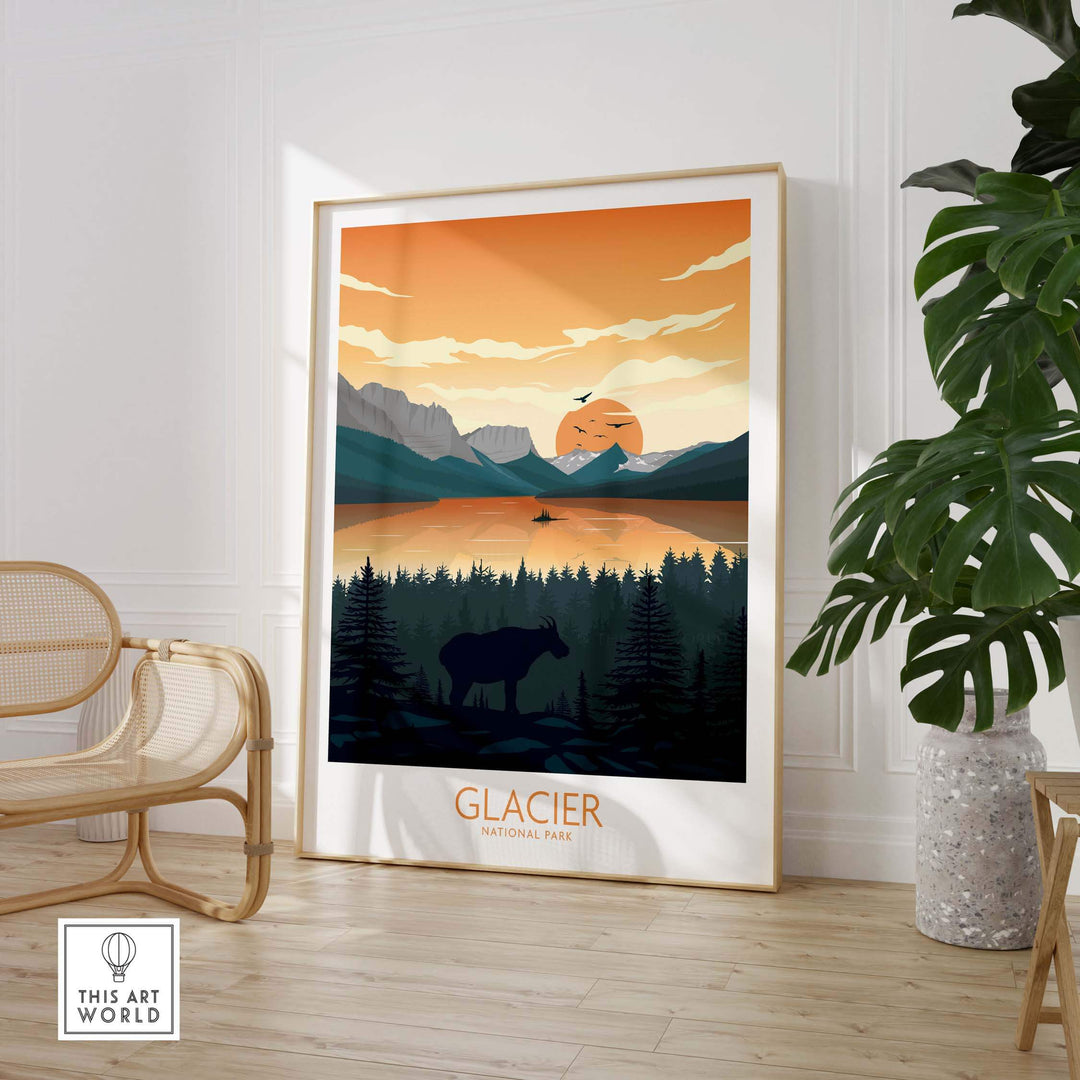 Glacier National Park poster art print featuring a scenic landscape with sunset and reflection in lake.