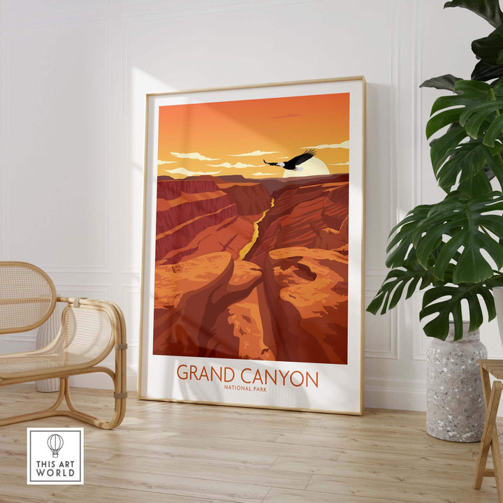 Grand Canyon National Park art print showcasing vibrant colors and minimalist design in a stylish indoor setting.