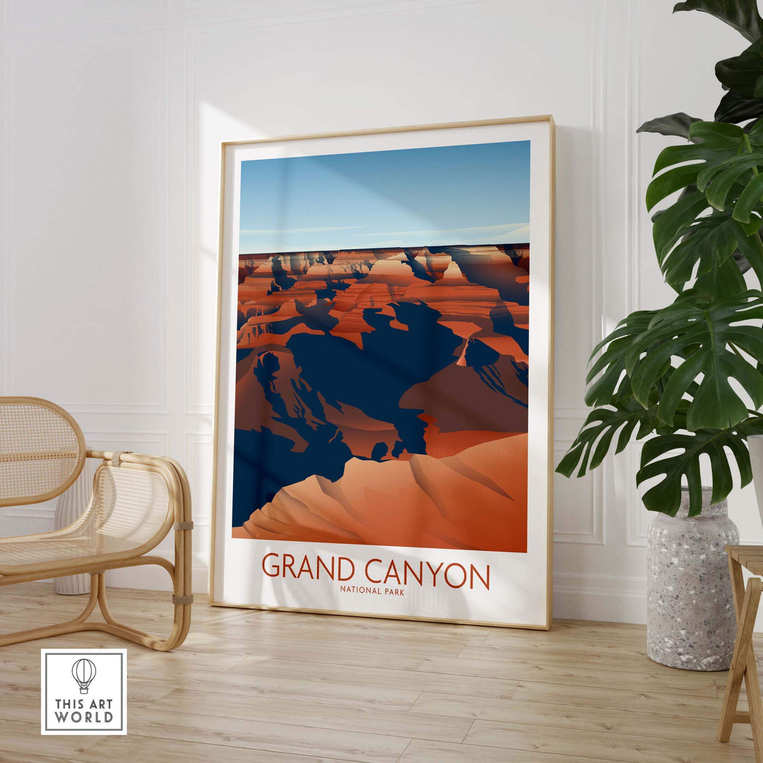 Grand Canyon National Park art print in a stylish living room setting, featuring minimalist design and vibrant colors.