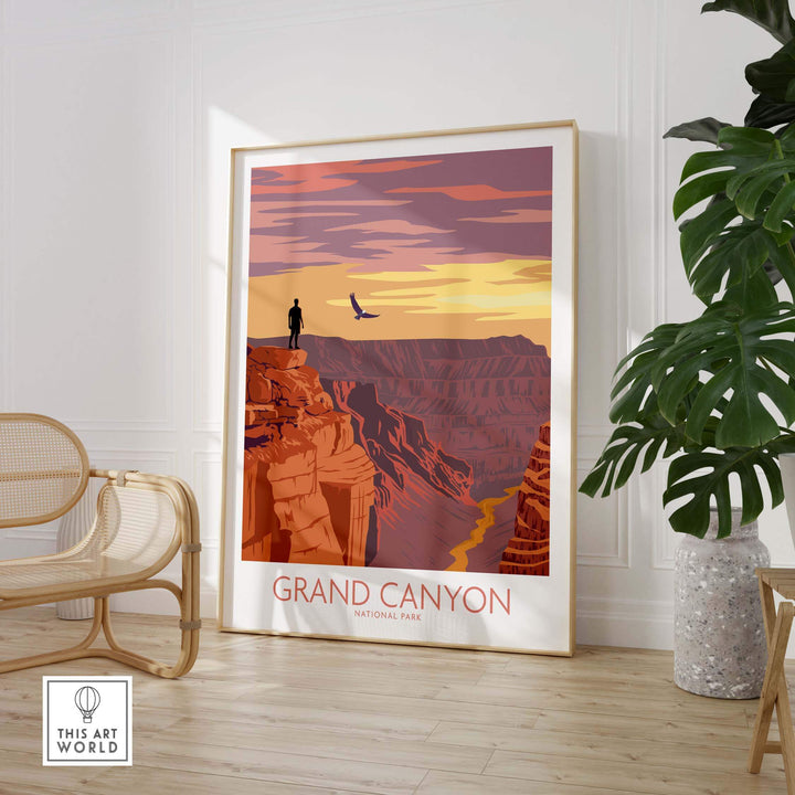 Grand Canyon poster print showcasing a scenic view with a silhouette and vibrant sunset colors for home decor.