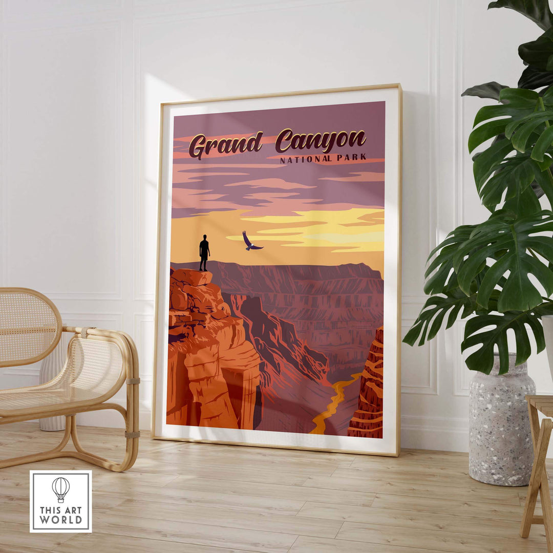 Vintage-style Grand Canyon National Park print displayed in a modern interior setting with plants and furniture.