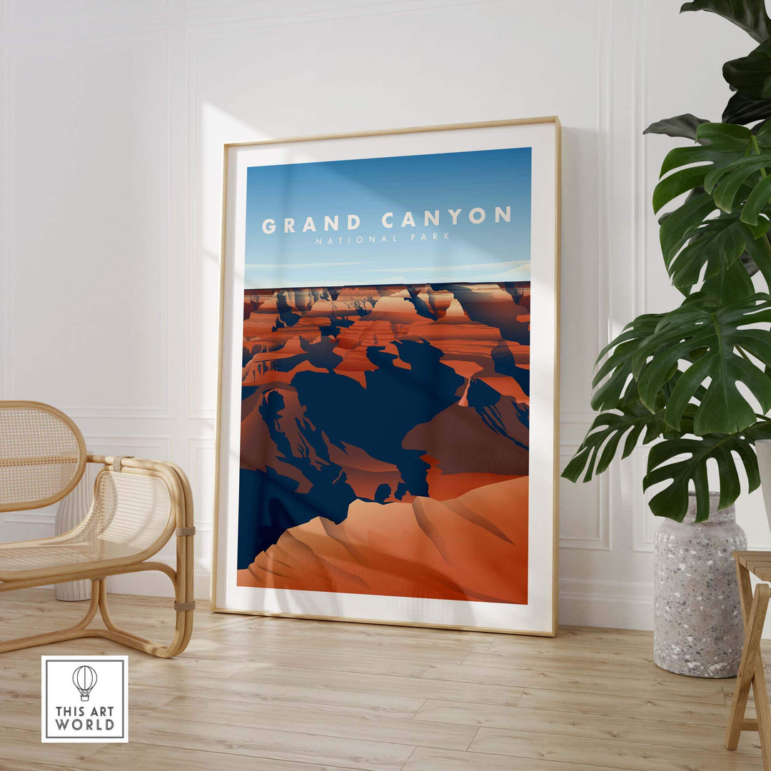 Grand Canyon National Park vintage travel poster framed in a stylish interior with a plant and chair.